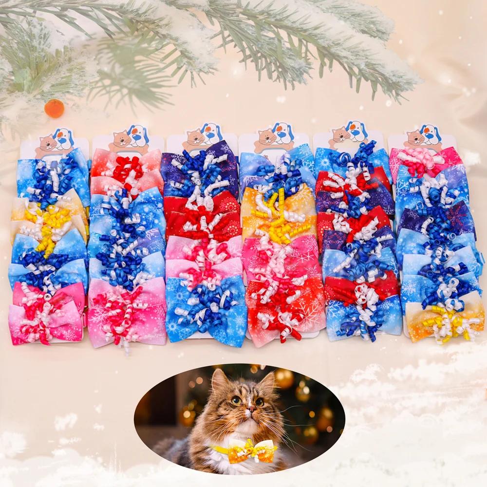 Winter Dog Cat Bowties Puppy Collars With Ribbon Christmas Decorated Snowflake Adjustable Festival Small Dog Collar
